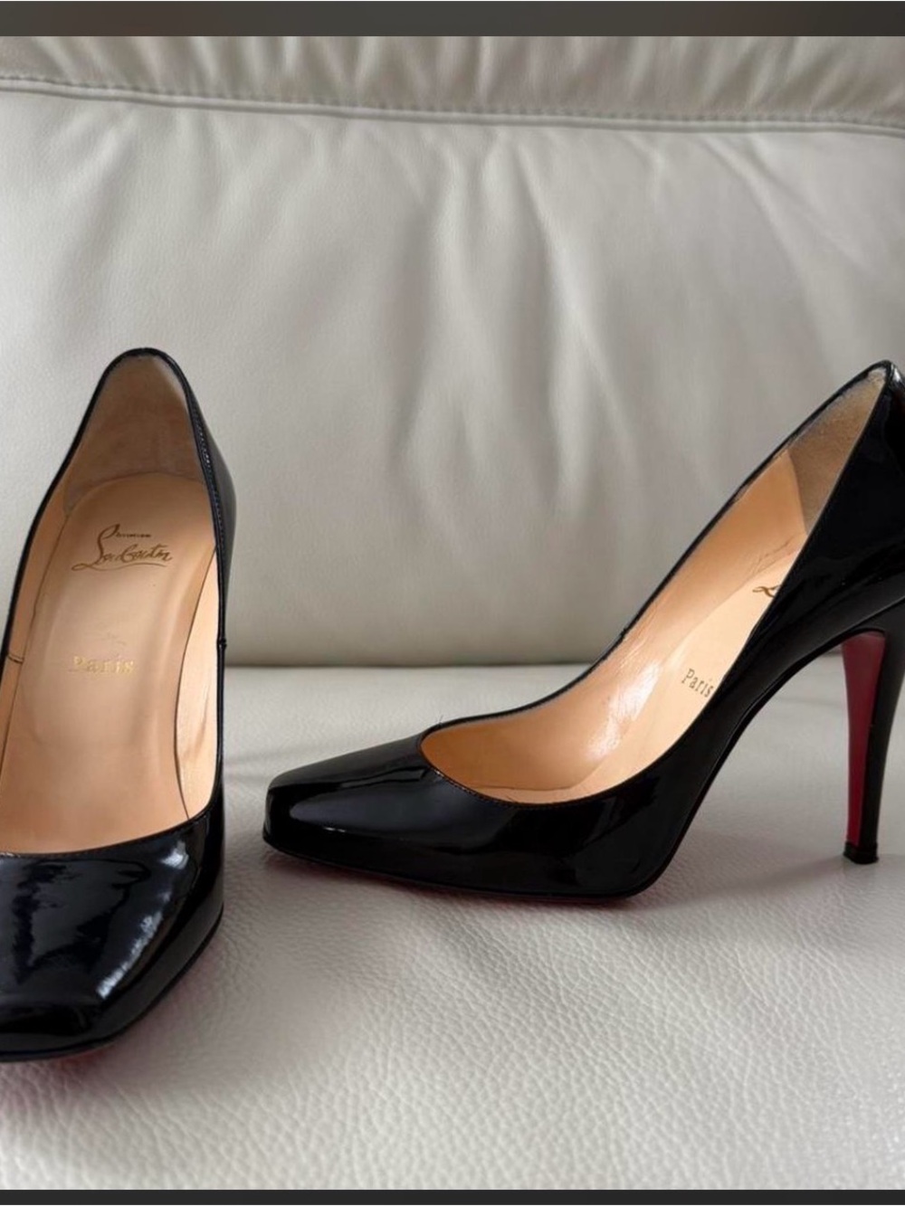 Christian Louboutin Black Patent Square Toe Pumps with Red Sole - Picture 5 of 6